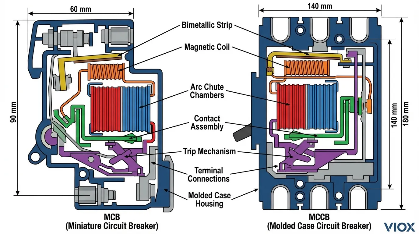VIOX MCB와 MCCB 내부 부품을 비교하는 기술 절개 다이어그램으로, 바이메탈 스트립, 마그네틱 코일 및 아크 슈트를 강조합니다.