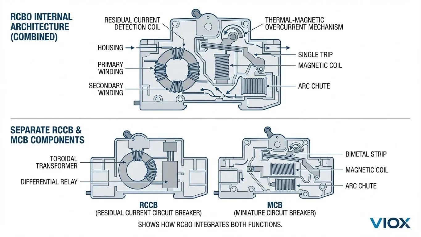 ແຜນວາດຕັດທາງດ້ານເຕັກນິກປຽບທຽບການອອກແບບປະສົມປະສານ VIOX RCBO ທຽບກັບອົງປະກອບ RCCB ແລະ MCB ແຍກຕ່າງຫາກ