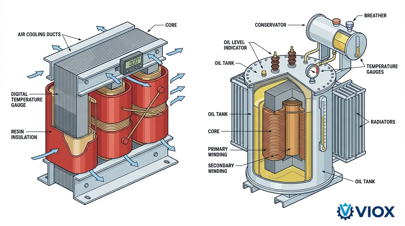 VIOX乾式変圧器と油入変圧器の内部コンポーネントを比較する技術的な断面図(ラベル付き)