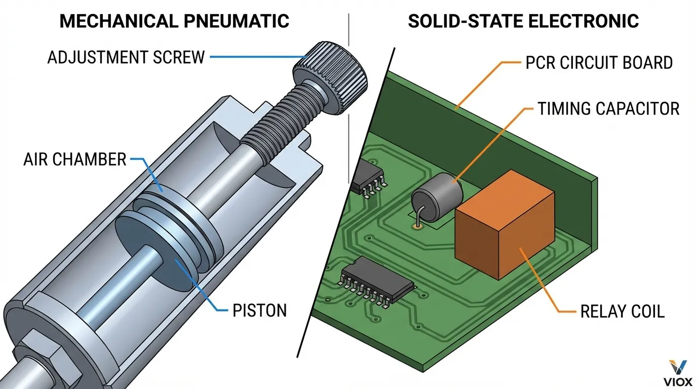 Diagrama técnico en sección que compara los componentes internos de los relés de temporización de retardo a la conexión mecánicos y de estado sólido de VIOX