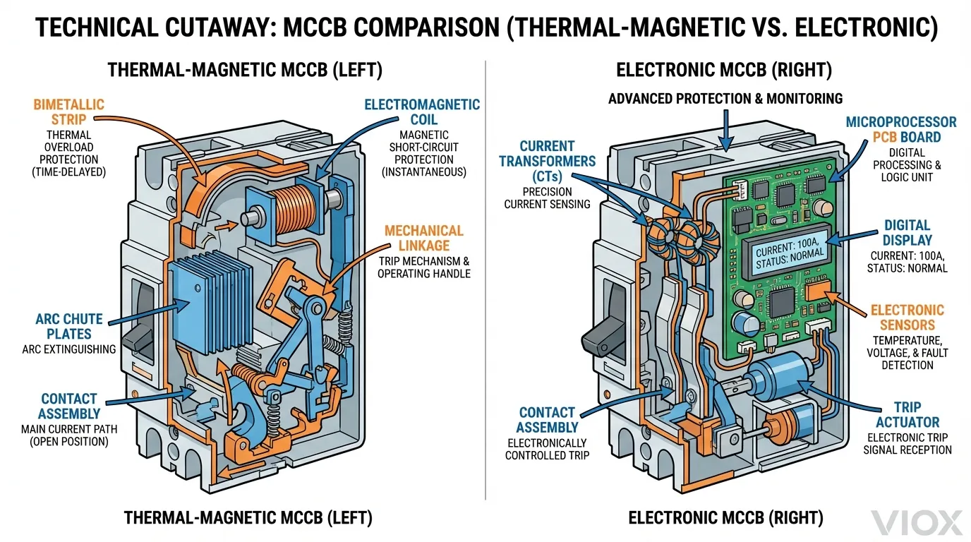 열-자기식 및 전자식 MCCB 내부 구성 요소 및 보호 메커니즘을 비교하는 기술 단면도