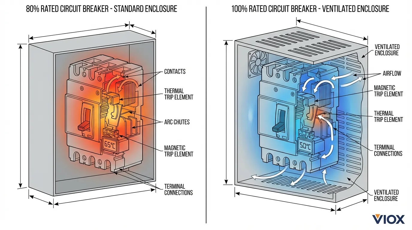 نمودار برش فنی مقایسه عملکرد حرارتی قطع کنندههای مدار VIOX با رتبه 80% در مقابل 100%