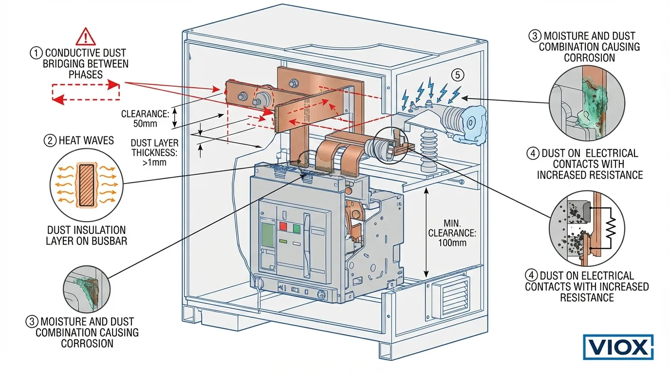 Τεχνικό σχέδιο τομής που απεικονίζει πέντε μηχανισμούς αστοχίας που σχετίζονται με τη σκόνη σε πίνακες διανομής, συμπεριλαμβανομένης της γεφύρωσης, της θερμομόνωσης και της διάβρωσης