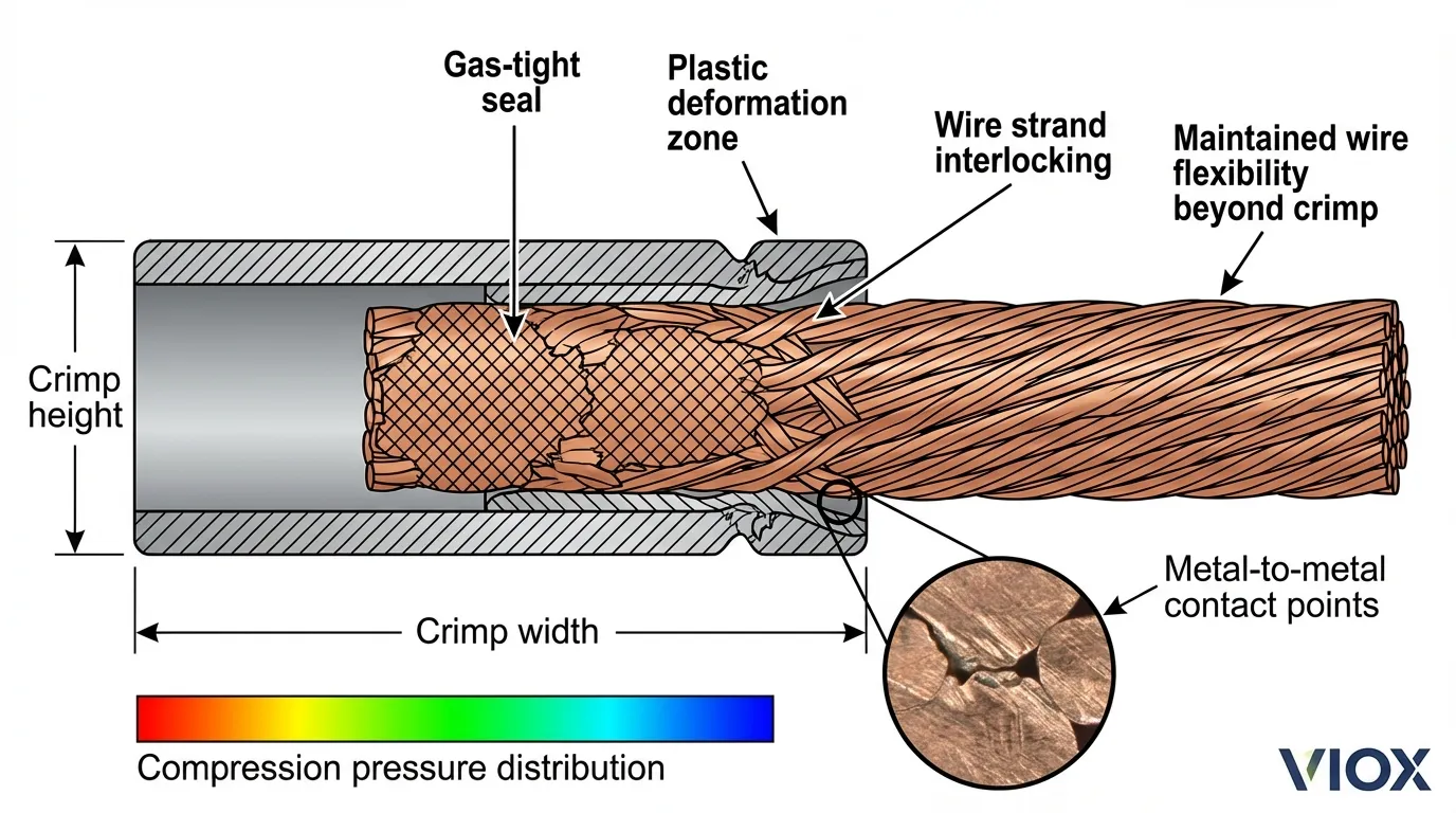 Schéma technique en coupe illustrant la structure interne et les zones de compression d’une connexion de borne électrique correctement sertie