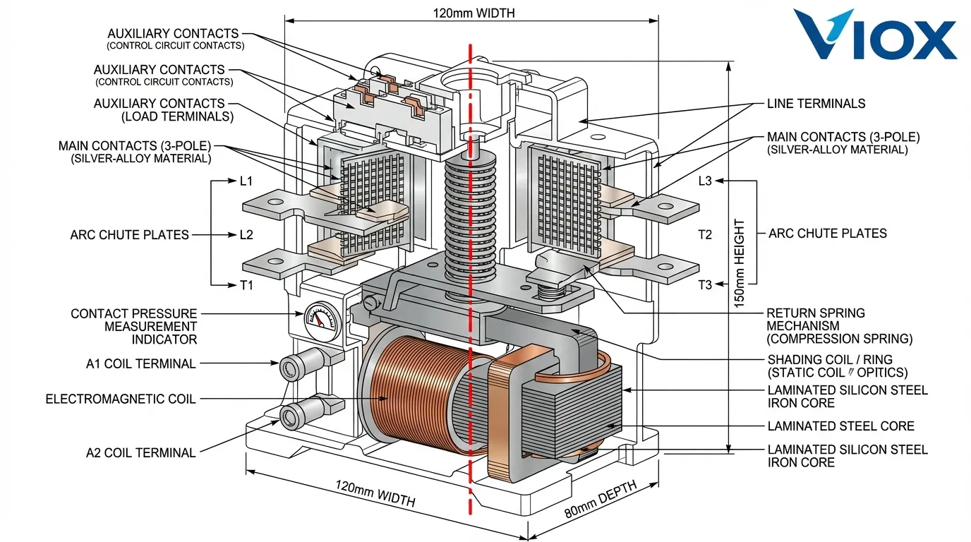 Schéma technique en coupe d'un contacteur CA montrant la bague de déphasage, le noyau de fer feuilleté, les contacts principaux, l'ensemble de chambre d'arc et les huit composants internes