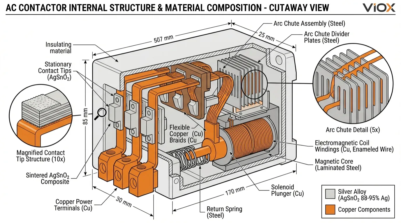 Gambar rajah keratan teknikal kontaktor AC yang menunjukkan hujung sesentuh perak dan komponen pembawa arus tembaga dengan spesifikasi bahan