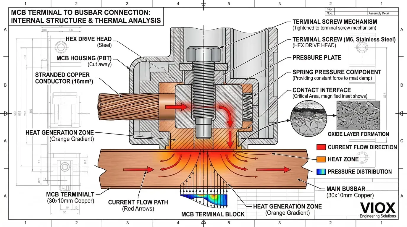Technical cutaway diagram of MCB busbar connection - VIOX