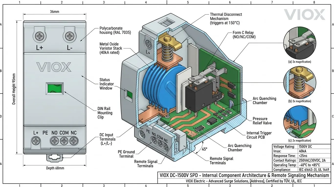 ແຜນວາດຕັດທາງວິຊາການຂອງ VIOX DC SPD surge arrester ທີ່ສະແດງການຕັດການເຊື່ອມຕໍ່ຄວາມຮ້ອນຂອງ varistor stack ພາຍໃນ ແລະ ກົນໄກຣີເລ Form C ສຳລັບສັນຍານຣີໂໝດ