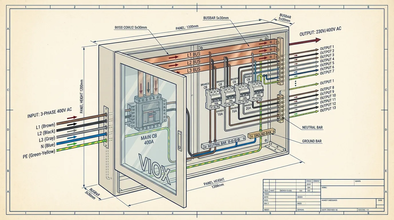 Technical cutaway diagram of VIOX low voltage distribution panel showing internal components and three-phase power distribution