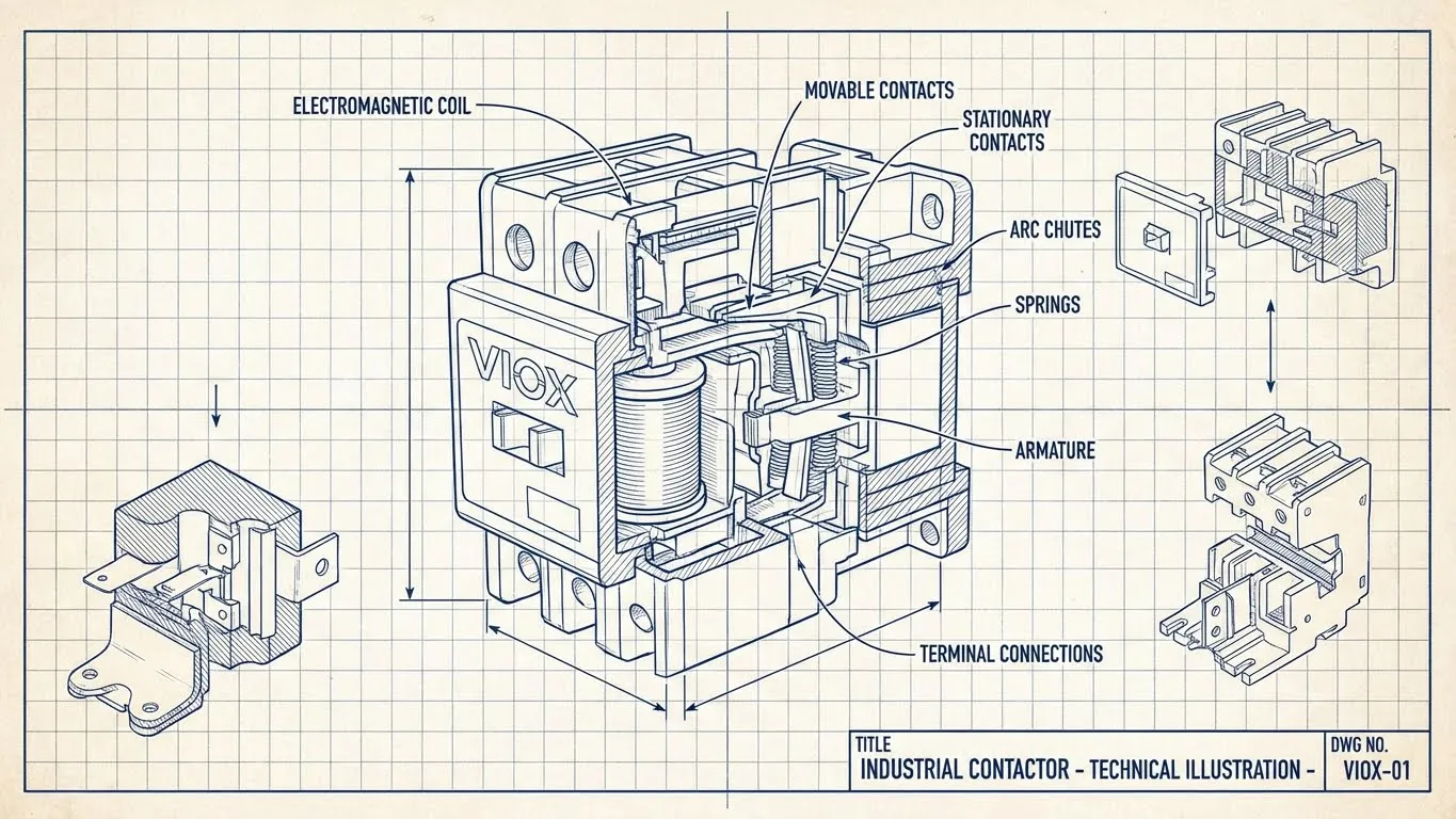 Schéma technique en coupe du contacteur industriel VIOX montrant les composants internes et les points d'inspection