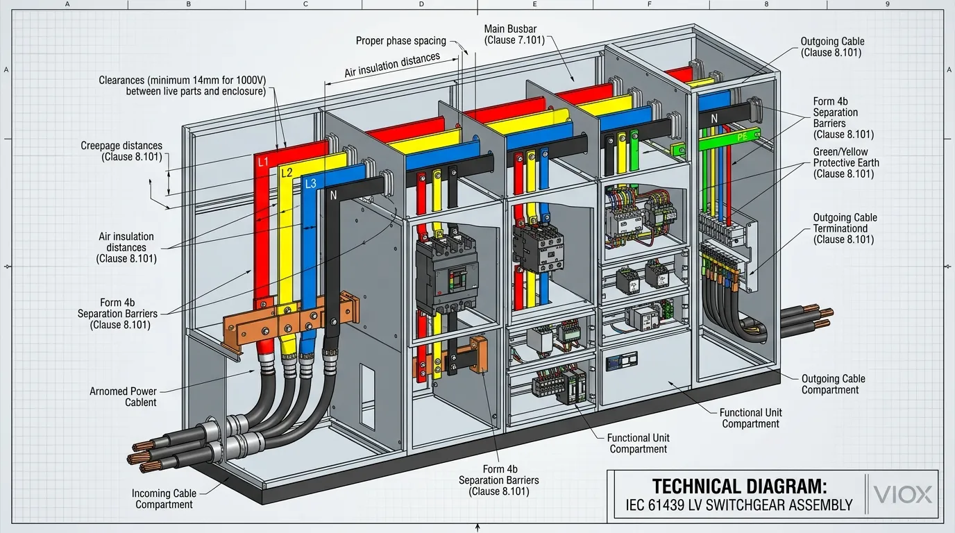 Technical cutaway diagram of VIOX low voltage switchgear showing internal components, busbar layout, and Form 4b separation with IEC 61439 compliance annotations