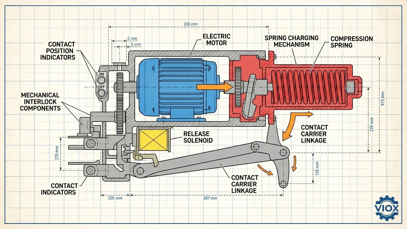 Schéma technique en coupe du mécanisme d'entraînement du TSA à moteur VIOX montrant le système de charge à ressort, le solénoïde de déclenchement et le verrouillage mécanique