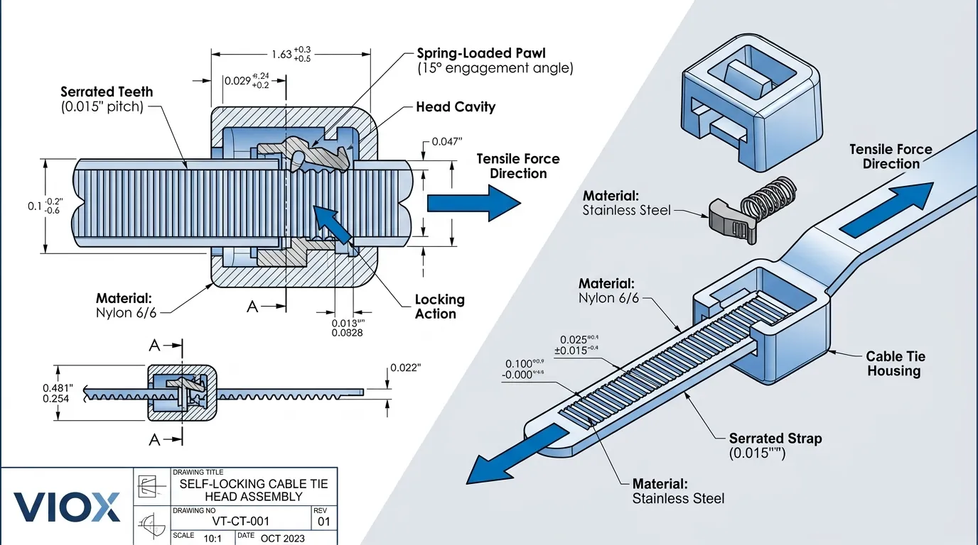 Technical cutaway diagram of VIOX self-locking cable tie showing internal pawl mechanism and serrated tooth engagement
