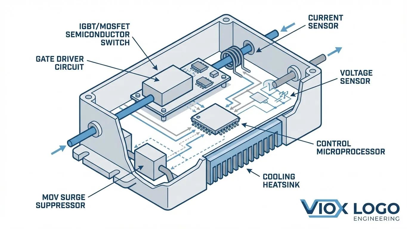 Schéma technique en coupe des composants internes et de l'architecture du disjoncteur statique VIOX