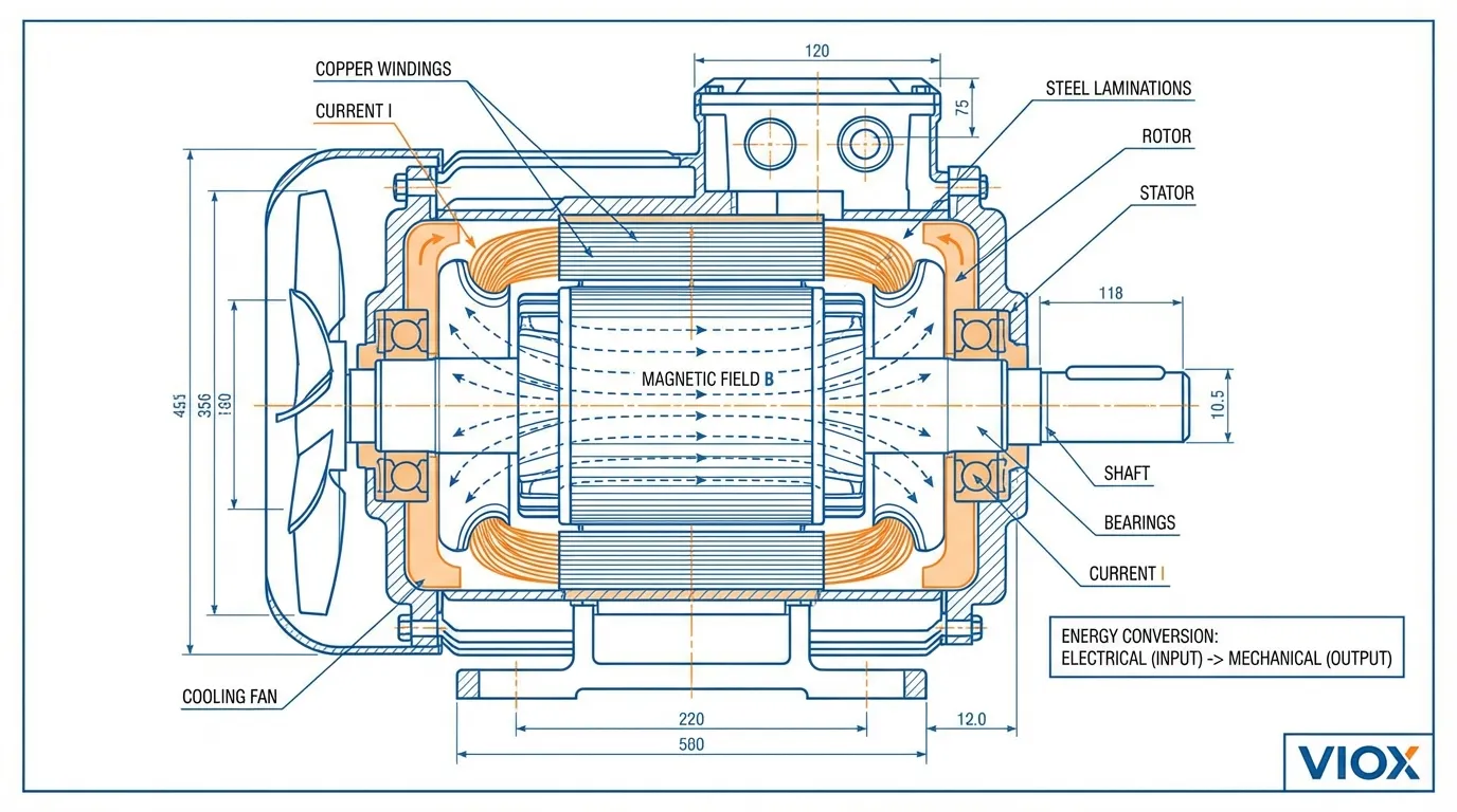 Technical cutaway diagram of electrical motor showing copper windings, steel core, and mechanical components for energy conversion