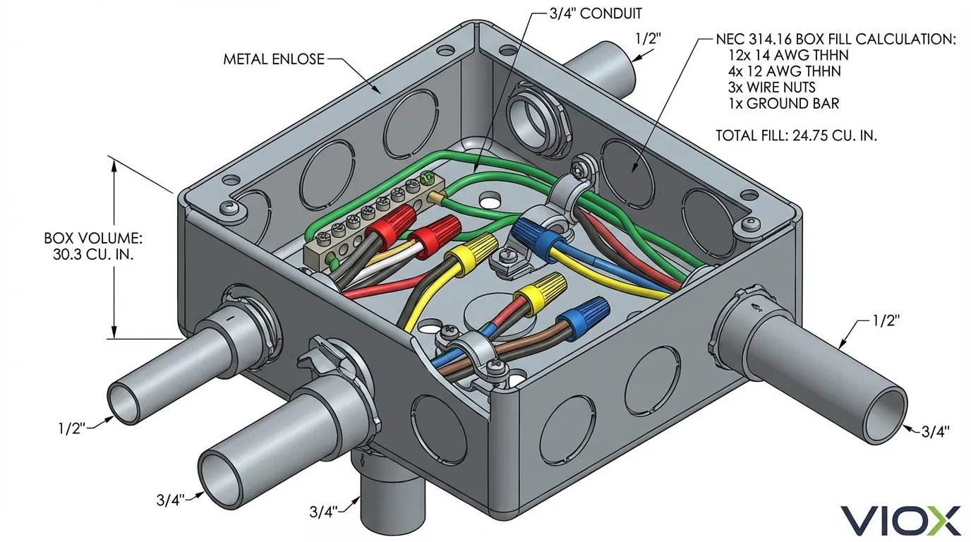 Technical cutaway diagram of junction box showing NEC 314.16 box fill calculations and internal wiring components