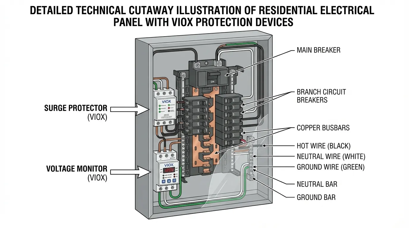Diagrama técnico em corte do painel elétrico residencial com dispositivos de proteção VIOX
