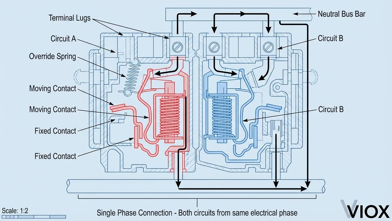 Schéma technique en coupe de l’architecture interne du disjoncteur tandem