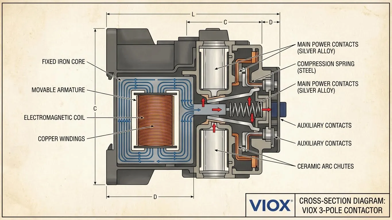 Diagram potongan teknis yang menunjukkan komponen internal kontaktor VIOX dan mekanisme pengoperasian
