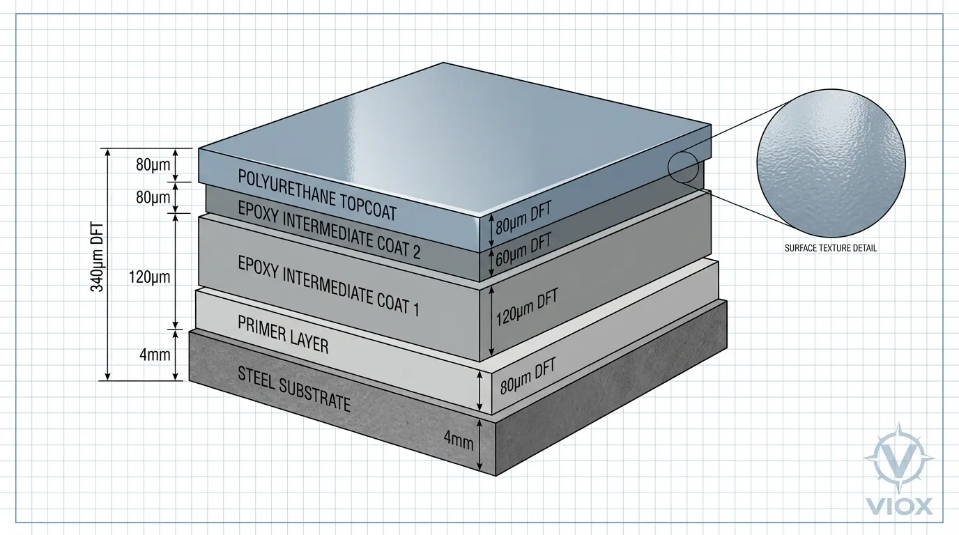 แผนภาพตัดขวางทางเทคนิคแสดงระบบเคลือบสีอุตสาหกรรม 5 ชั้นที่ใช้กับพื้นผิวเหล็กพร้อมการวัด DFT