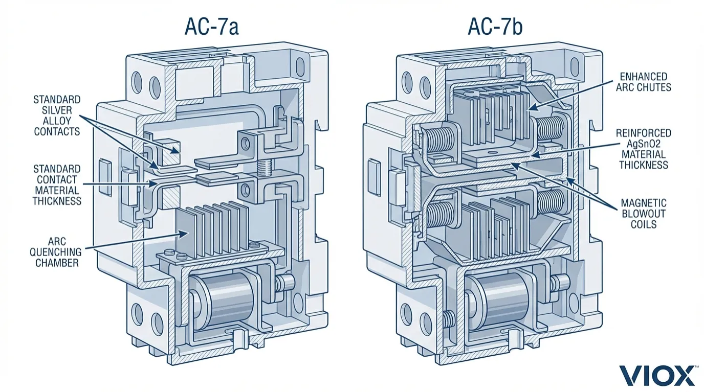 Technical cutaway diagram showing internal contact structure of two modular contactors AC-7A and AC-7B