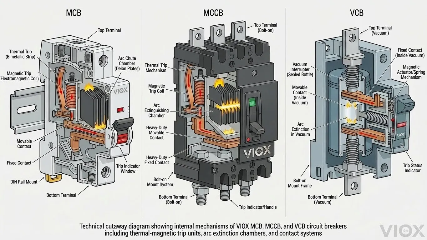 Schéma technique : Illustration en coupe transversale montrant le mécanisme interne de trois types de disjoncteurs côte à côte (MCB, MCCB, VCB). Chaque coupe doit montrer : mécanisme de déclenchement thermique-magnétique, chambre d'extinction/goulotte d'arc, contacts (positions ouvertes et fermées), rail de montage/bornes. Utilisez un style de dessin technique avec un schéma de couleurs techniques bleu/gris. Étiquetez les composants clés avec des lignes de repère et des annotations techniques. Incluez le filigrane du logo VIOX dans le coin inférieur droit. Montrez le chemin du flux de courant électrique avec des flèches rouges lorsqu'il est fermé et la formation d'arc en jaune lors du déclenchement. Arrière-plan : blanc/gris clair avec un motif de grille subtil. Dimensions : 1920x1080px optimisé pour l'affichage Web.