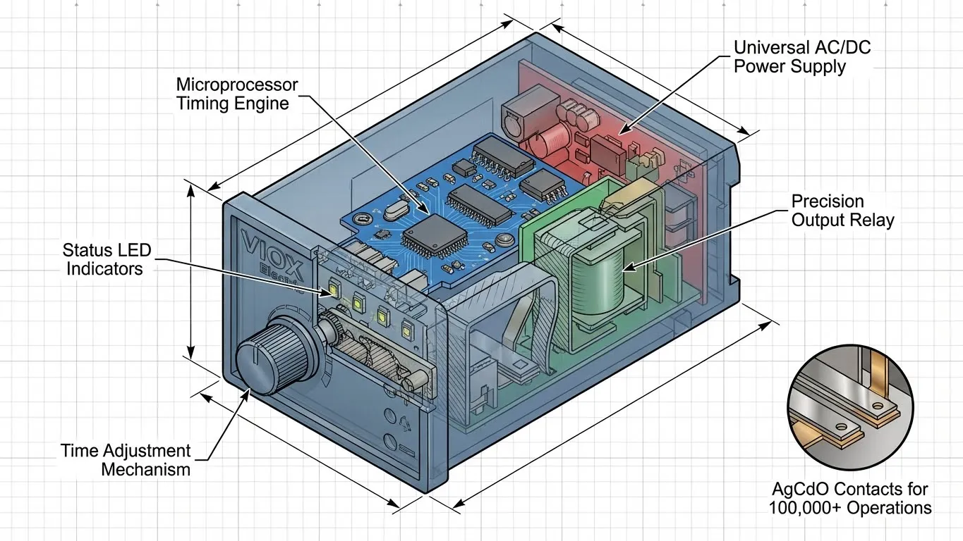 প্রযুক্তিগত কাটঅ্যাওয়ে ডায়াগ্রাম যা টাইমিং সার্কিট, আউটপুট রিলে এবং পাওয়ার সাপ্লাই সহ একটি VIOX টাইম ডিলে রিলের অভ্যন্তরীণ উপাদান দেখাচ্ছে।.