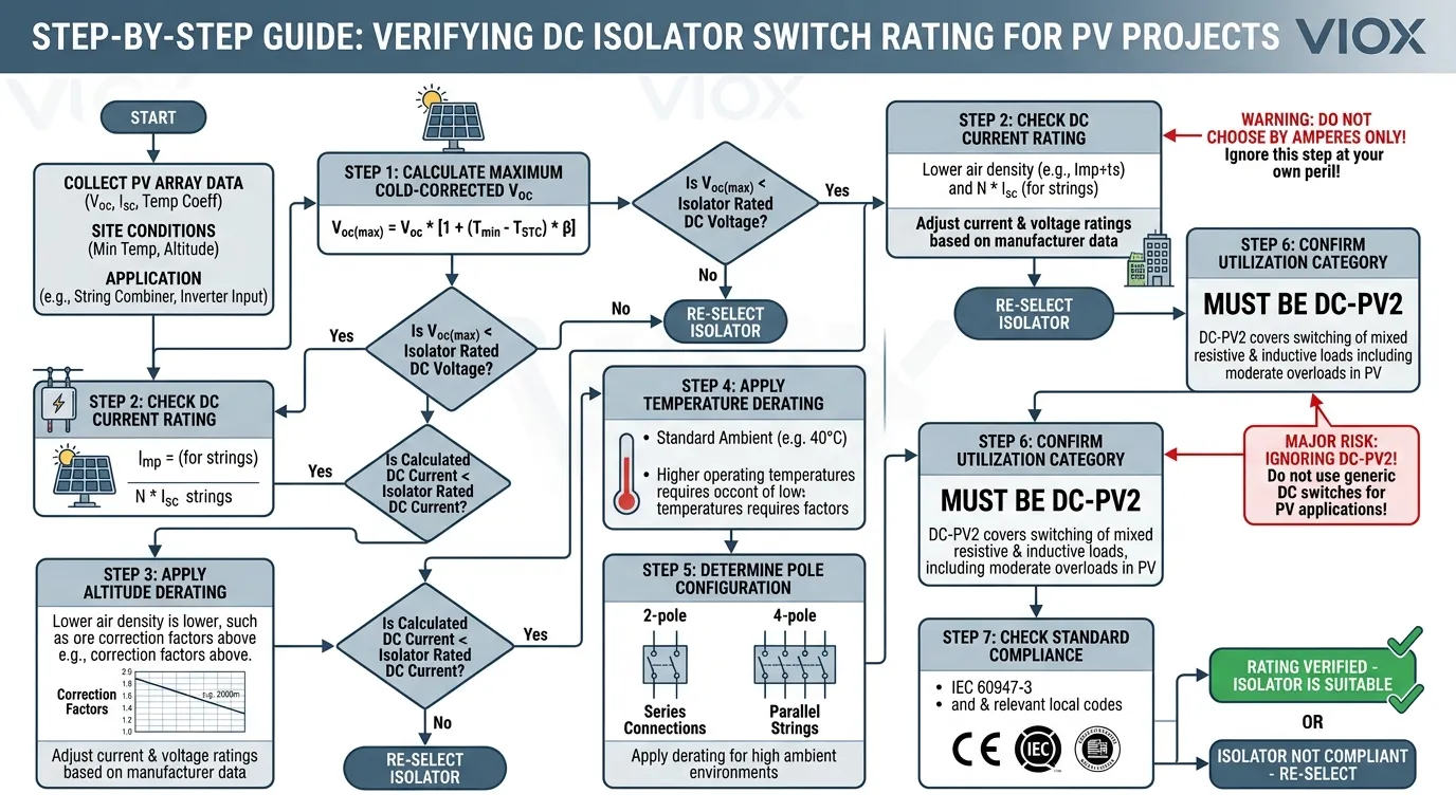 Bagan alur keputusan teknis untuk memilih sakelar isolator DC berdasarkan kutub arus tegangan dan kategori penggunaan