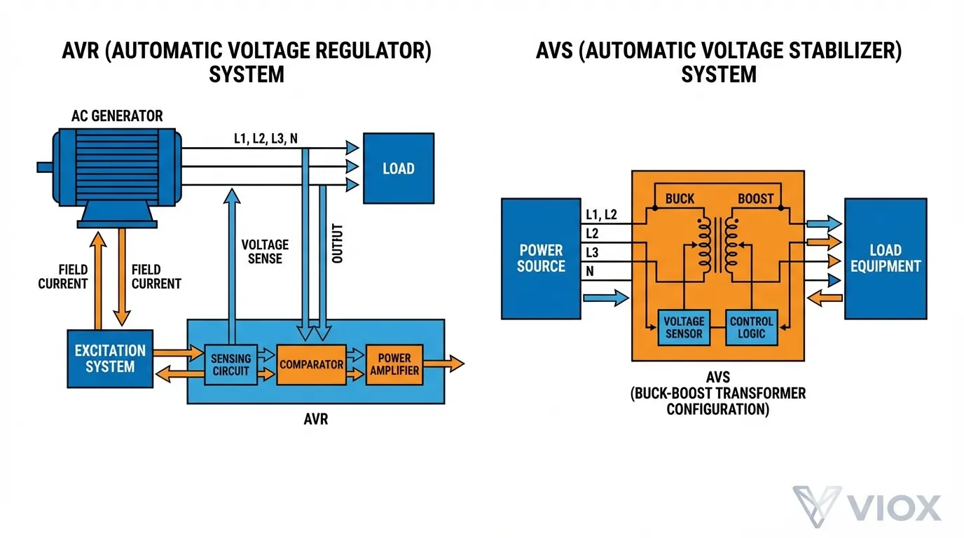 Technical diagram comparing AVR generator voltage regulation vs AVS load-side voltage stabilization with VIOX branding