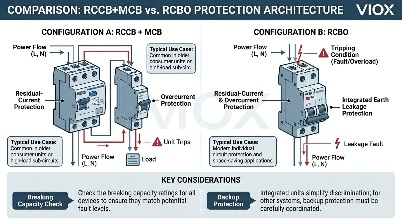 Техническая схема, сравнивающая УЗО (RCCB) плюс автоматический выключатель (MCB) с архитектурой защиты RCBO
