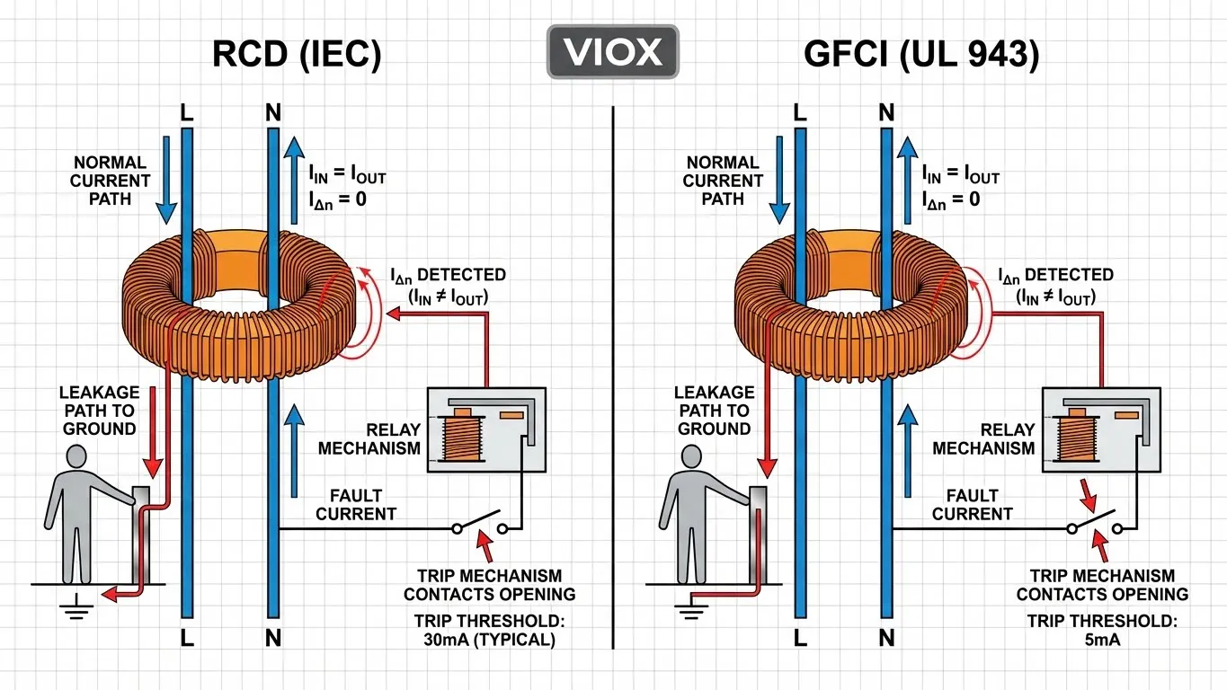 RCD ve GFCI dahili artık akım algılama mekanizmalarını karşılaştıran, akım transformatörü ve açma rölesi ile aynı çalışma prensiplerini gösteren teknik şema