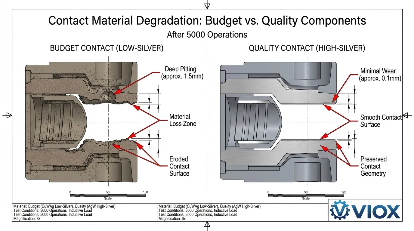 Technical diagram comparing circuit breaker contact erosion after 5000 operations: budget low-silver contacts showing severe pitting versus VIOX quality high-silver contacts with minimal wear