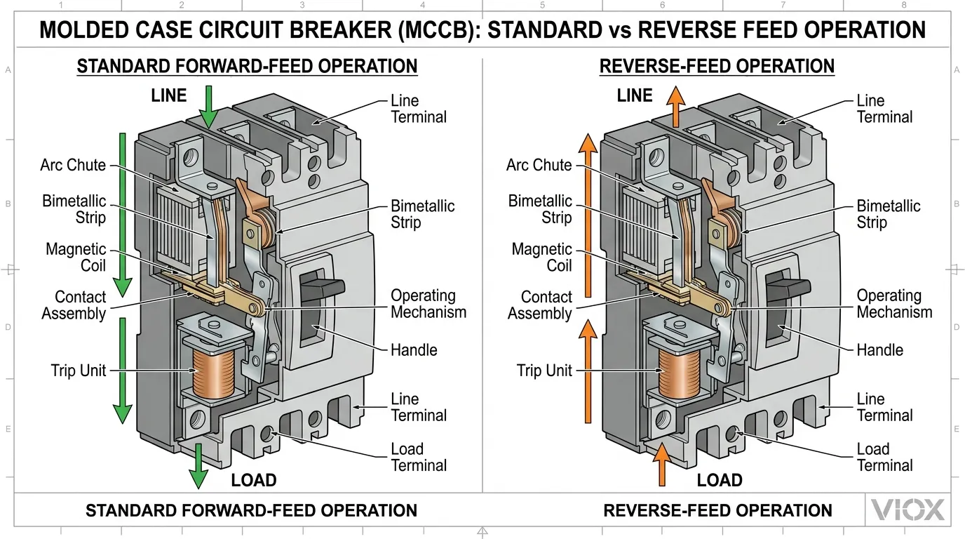 Teknikal na diagram na naghahambing ng forward feed versus reverse feed current flow direction sa pamamagitan ng isang VIOX circuit breaker