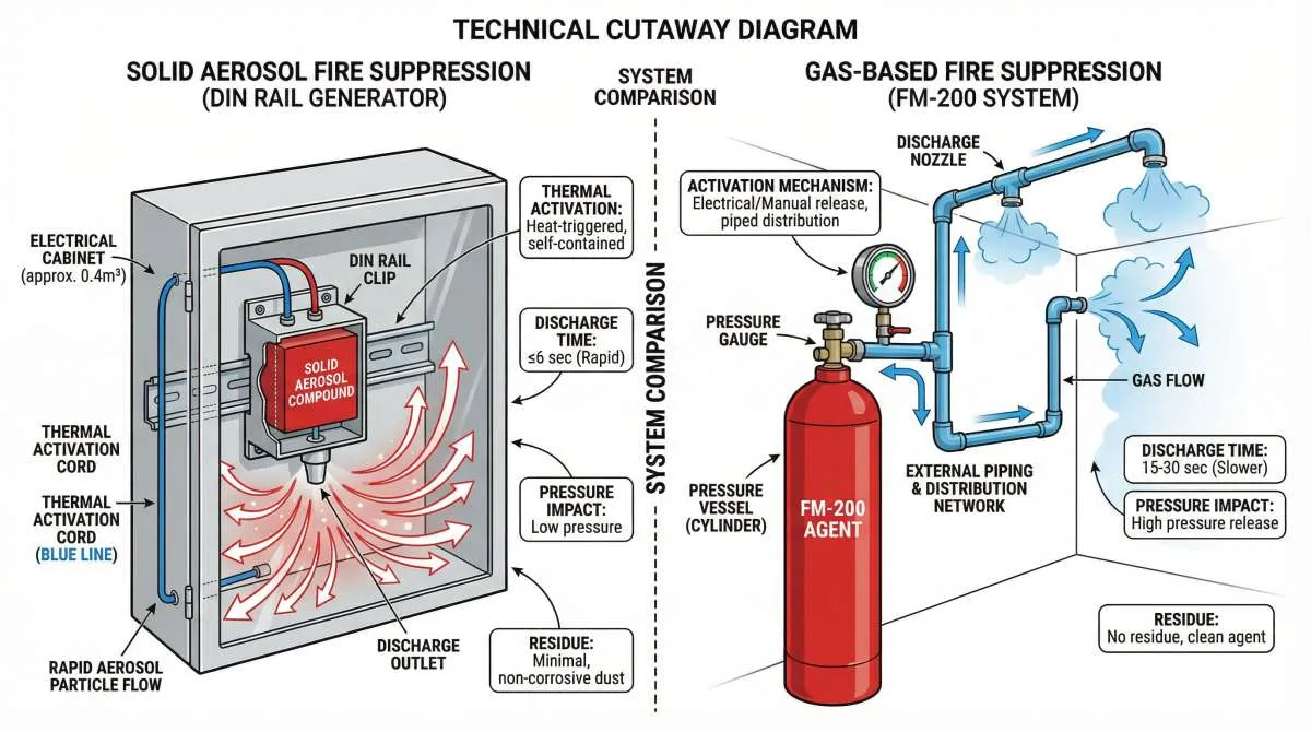 Diagramma tecnico che confronta i sistemi di soppressione incendi ad aerosol solido e a gas, che mostra l'unità aerosol compatta montata sull'armadio rispetto alla bombola di gas esterna con recipiente a pressione