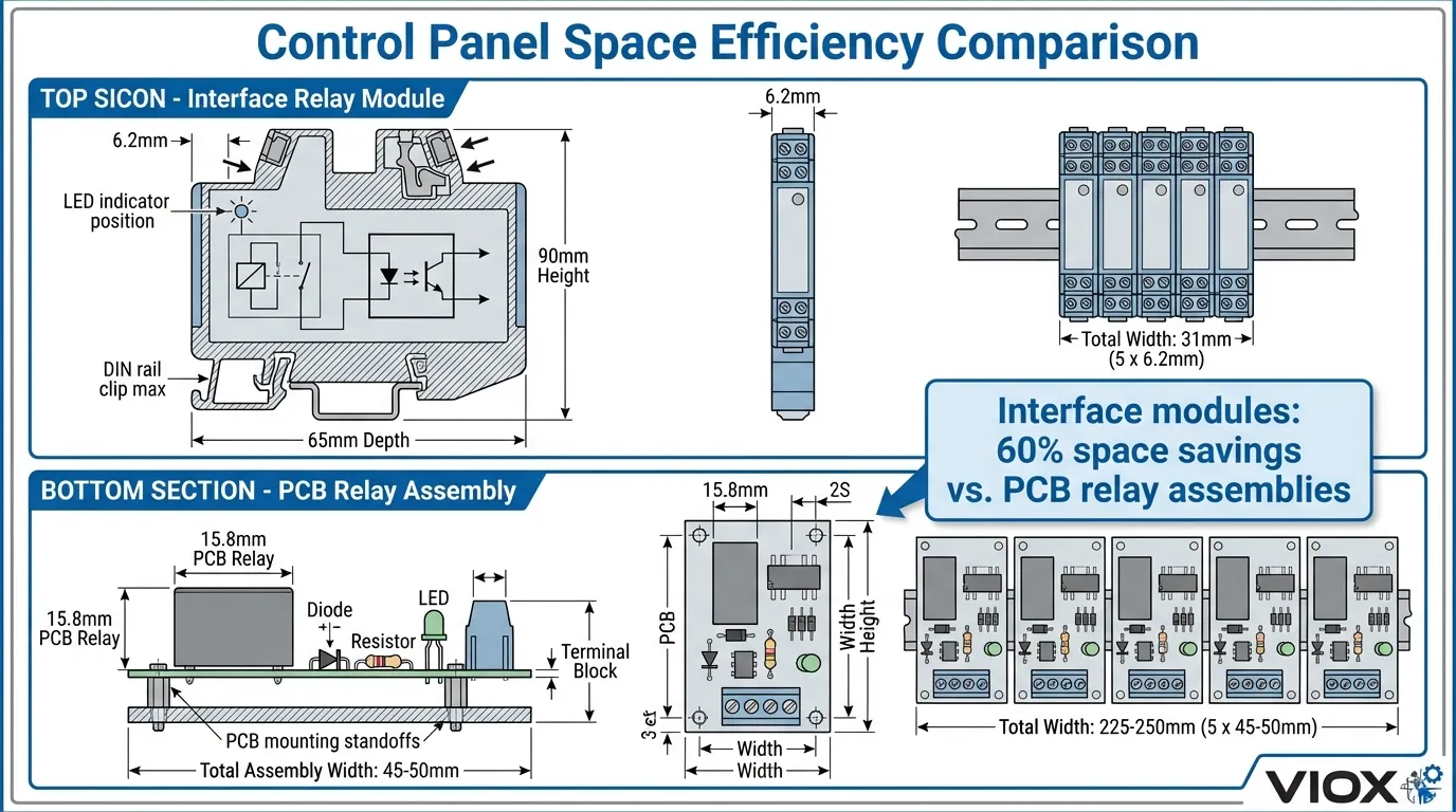 Technical diagram comparing space efficiency of VIOX interface relay modules versus PCB relay assemblies showing 60% space savings
