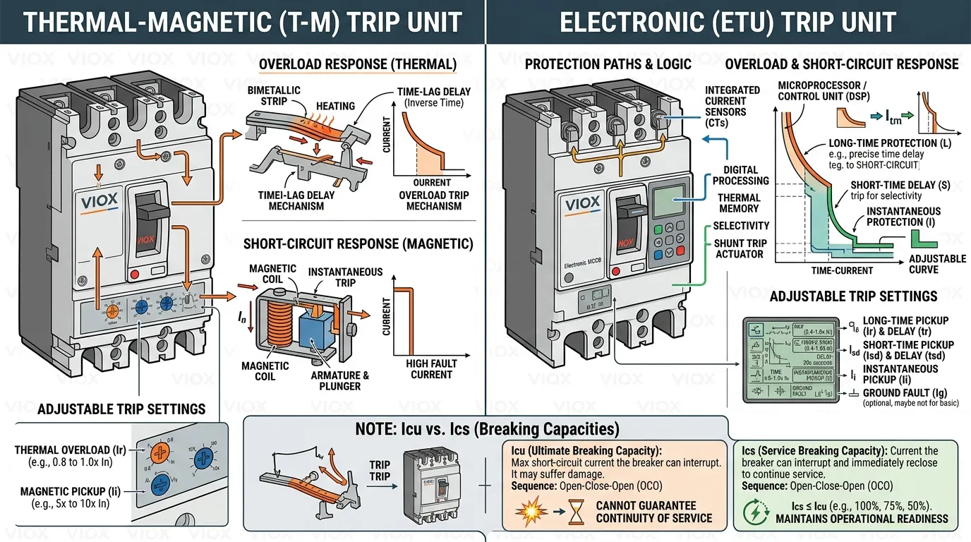 Technical Diagram Comparing Thermal-Magnetic And Electronic MCCB Trip Units With Icu And Ics Notes