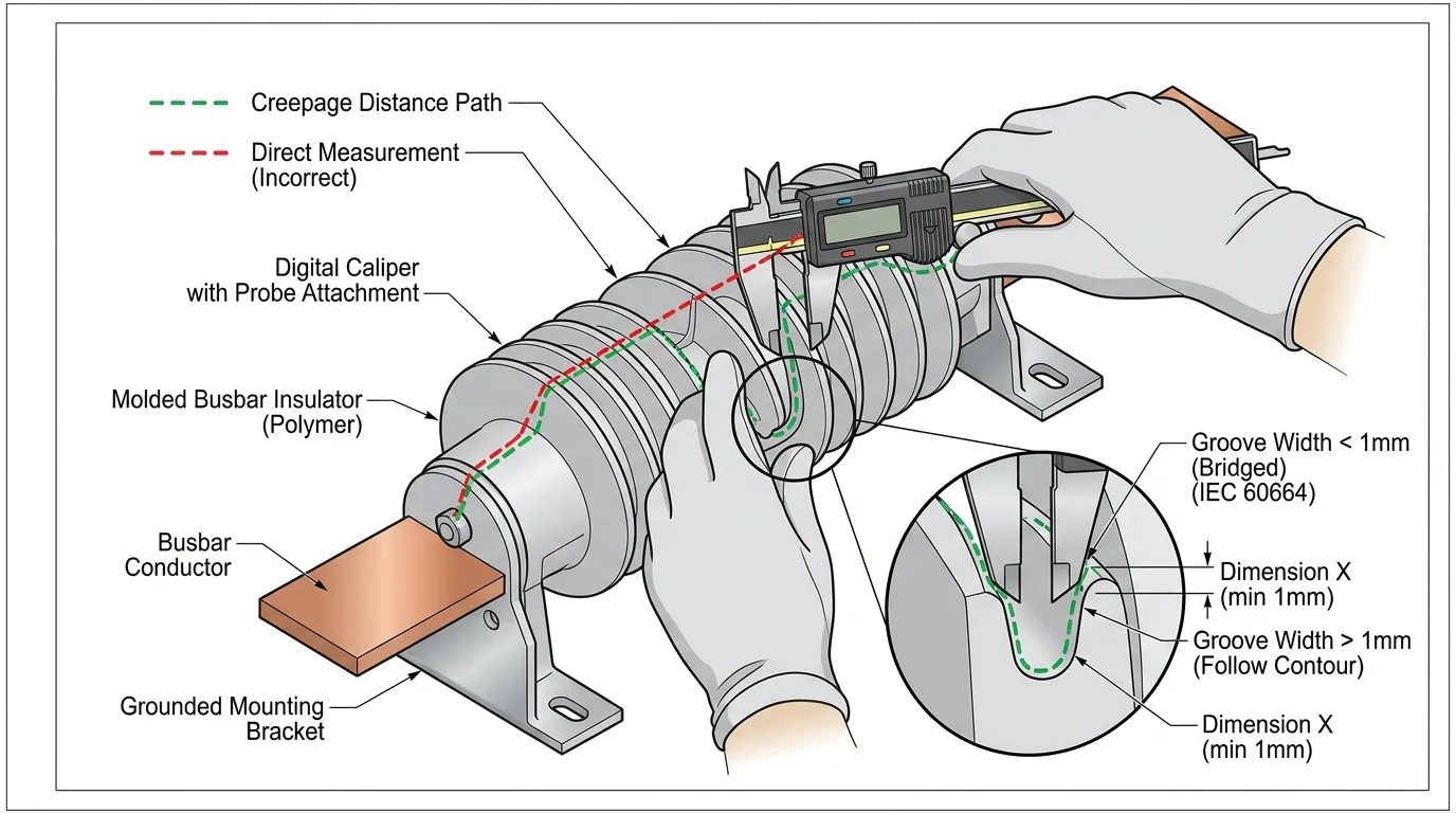 Diagrama técnico demonstrando a técnica adequada de medição da distância de fuga com paquímetros