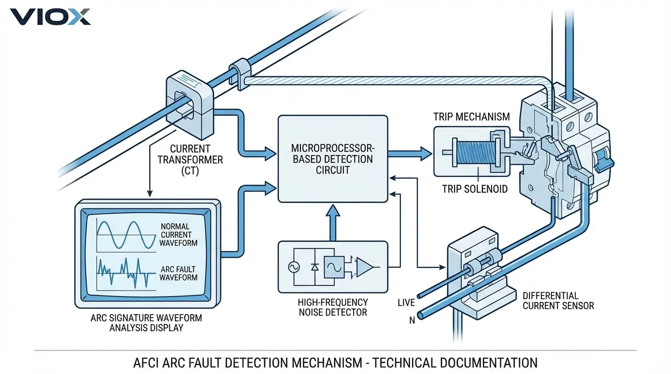 Technical diagram illustrating AFCI arc fault detection mechanism with waveform analysis and component identification