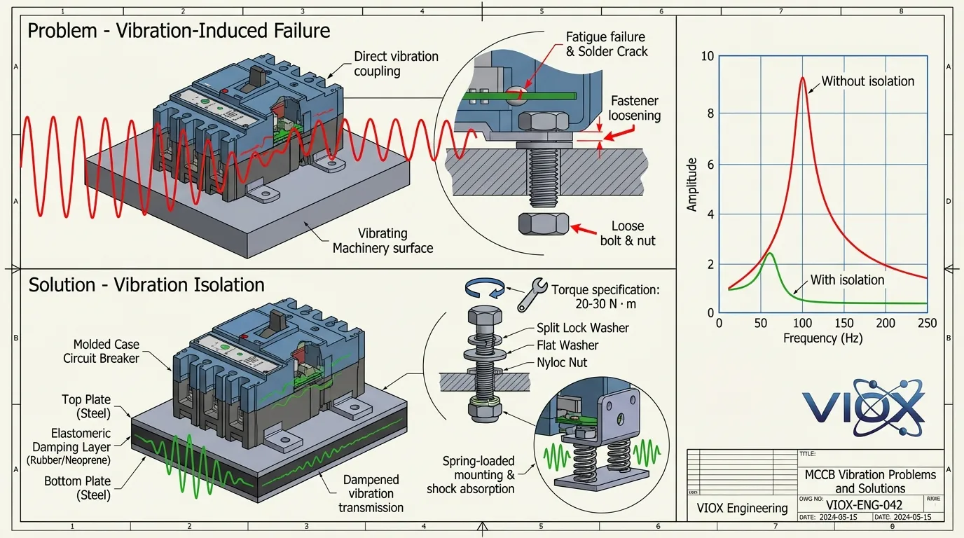 Teknikal na diagram na naglalarawan ng mga paraan ng pag-isolate ng pagyanig ng MCCB kabilang ang mga damping pad, locking hardware, at paghahambing ng frequency response para sa mga VIOX circuit breaker