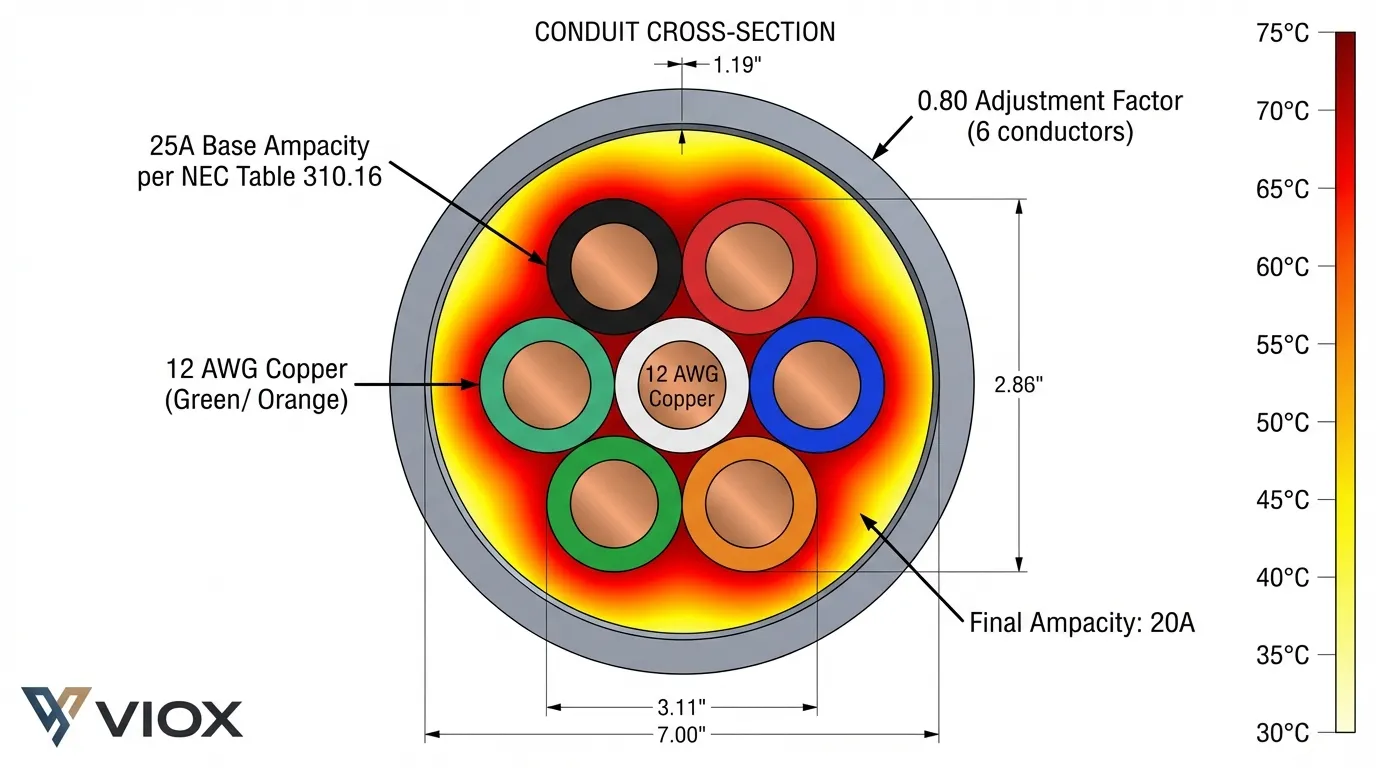 Technical diagram illustrating ampacity derating factors for multiple conductors in conduit showing heat dissipation and temperature correction calculations