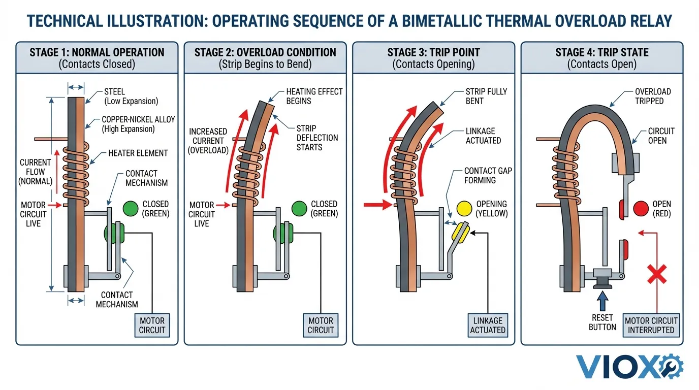 رسم تخطيطي فني يوضح تشغيل مرحل الحمل الحراري الزائد ثنائي المعدن من الحالة العادية من خلال اكتشاف الحمل الزائد إلى مقاطعة الدائرة