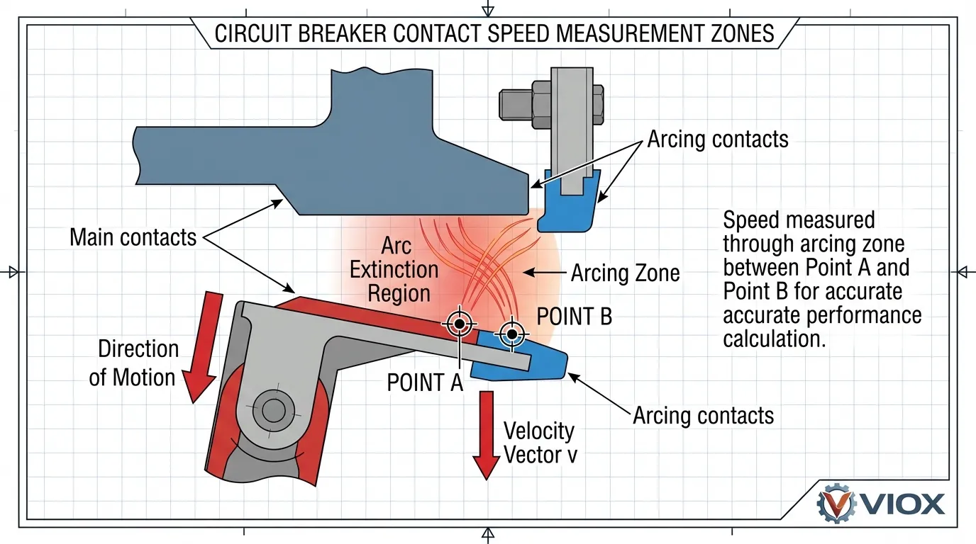 رسم تخطيطي فني يوضح مناطق قياس سرعة تلامس قاطع الدائرة وتشغيل تلامس التقويس أثناء الانقطاع