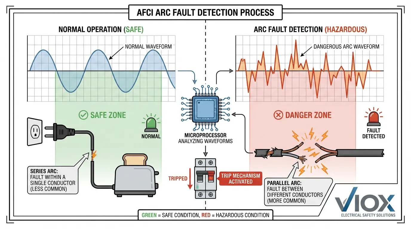 Technical diagram illustrating how AFCI detects dangerous electrical arcs versus normal operation