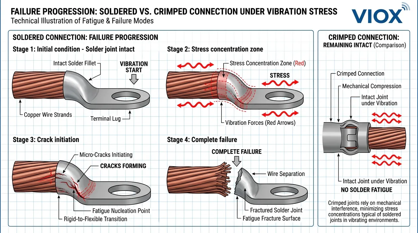 Schéma technique illustrant les étapes de défaillance progressive d’une connexion de fil soudée sous contrainte de vibration par rapport à une connexion sertie