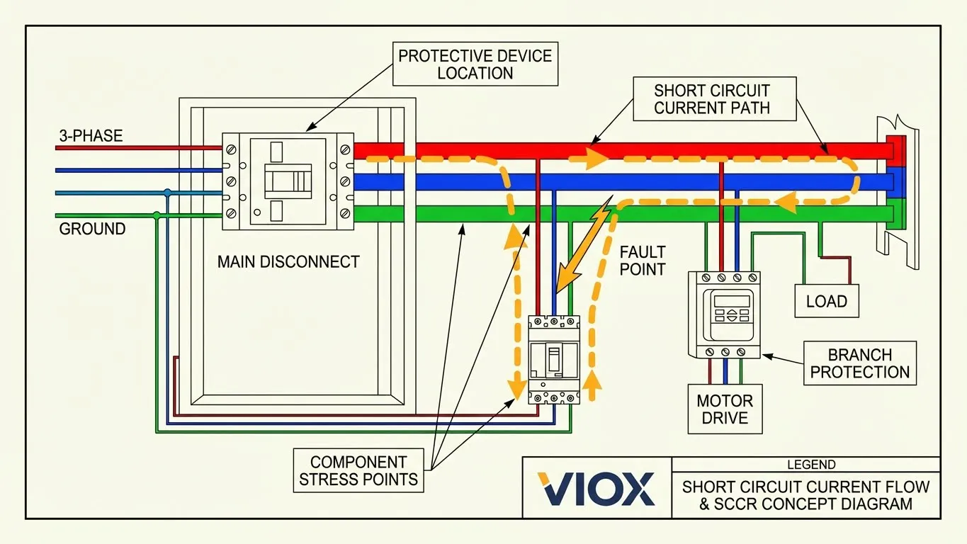 رسم تخطيطي فني يوضح تدفق تيار الدائرة القصيرة ومفهوم SCCR في لوحة التحكم الصناعية