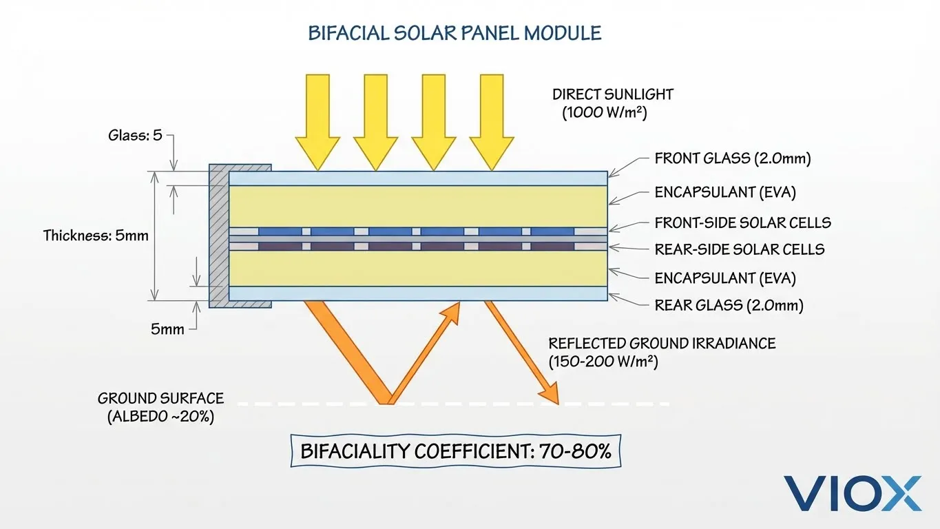 Diagrama técnico de un panel solar bifacial que muestra el mecanismo de captura de irradiancia frontal y posterior con ganancia bifacial