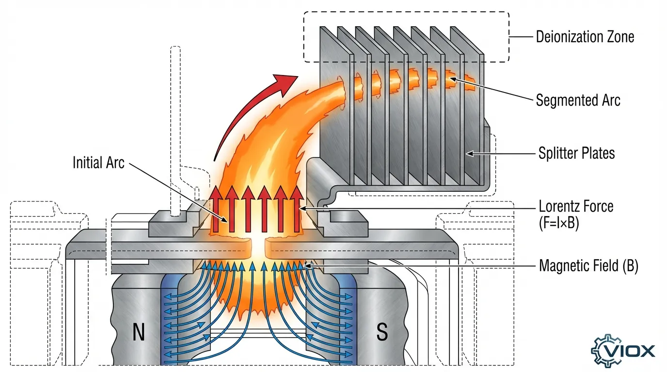 로렌츠 힘이 아크를 분할판으로 밀어 넣는 자기 차단 아크 소호의 기술 다이어그램(구성 요소 및 힘 벡터 레이블 포함)