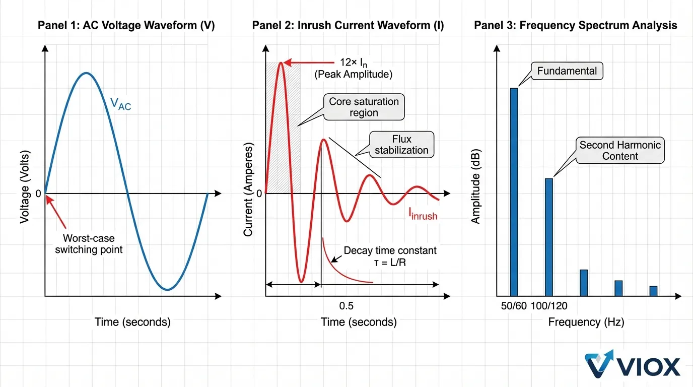 Technical diagram of transformer inrush current waveform showing asymmetric decay pattern and harmonic content