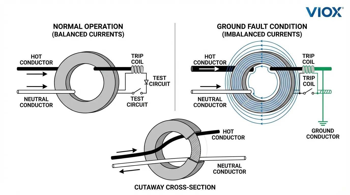 Technical diagram showing GFCI ground fault detection principle with differential current transformer and balanced vs. imbalanced current flow