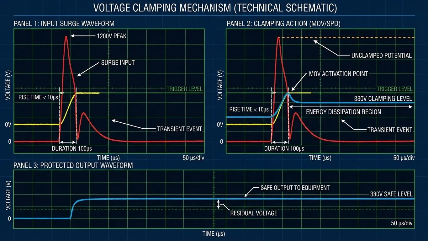 Oszcilloszkóp diagram, amely azt mutatja, hogy az SPD egy 1200 V-os túlfeszültséget 330 V-ra szorít le